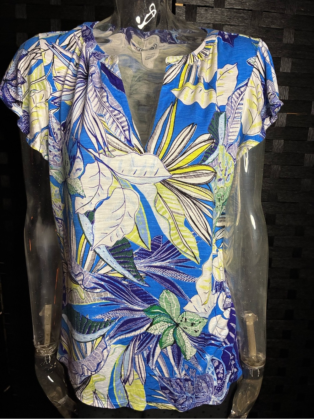 White House Black Market Blue Multi Floral V-Neck Short Sleeve Top